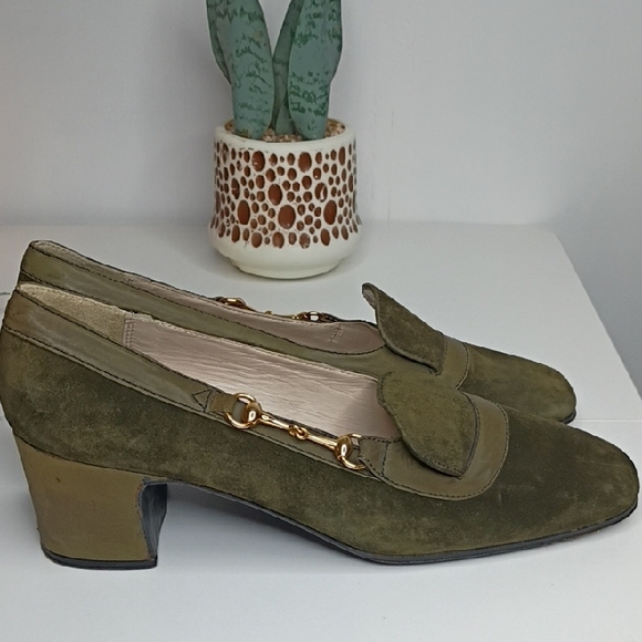 Vintage Gucci Olive Green Suede Block Kitten Heel Loafers Size 37 6.5 Vintage - Picture 4 of 13